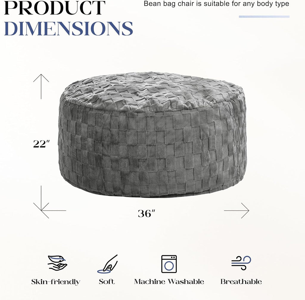 Hobestluk Bean Bag Chairs Beanbag Chair with Filler Adult Bean Bags with Fluffy Plaid Cover, Giant Bean Bag Chairs for Adults for Living Room, Bedroom (Grey, 3FT - 36” x 36” x 22”)