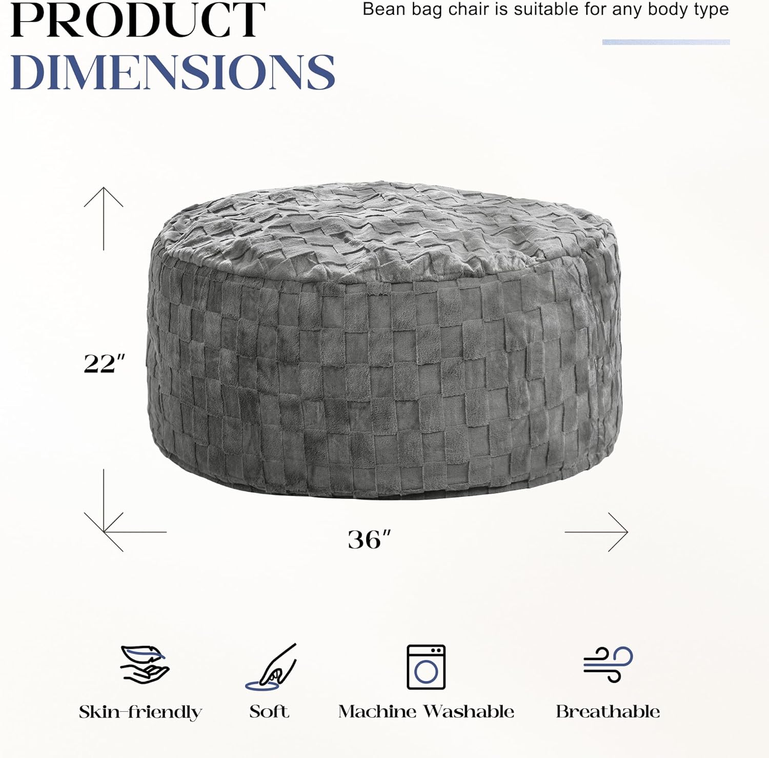 Hobestluk Bean Bag Chairs Beanbag Chair with Filler Adult Bean Bags with Fluffy Plaid Cover, Giant Bean Bag Chairs for Adults for Living Room, Bedroom (Grey, 3FT - 36” x 36” x 22”)