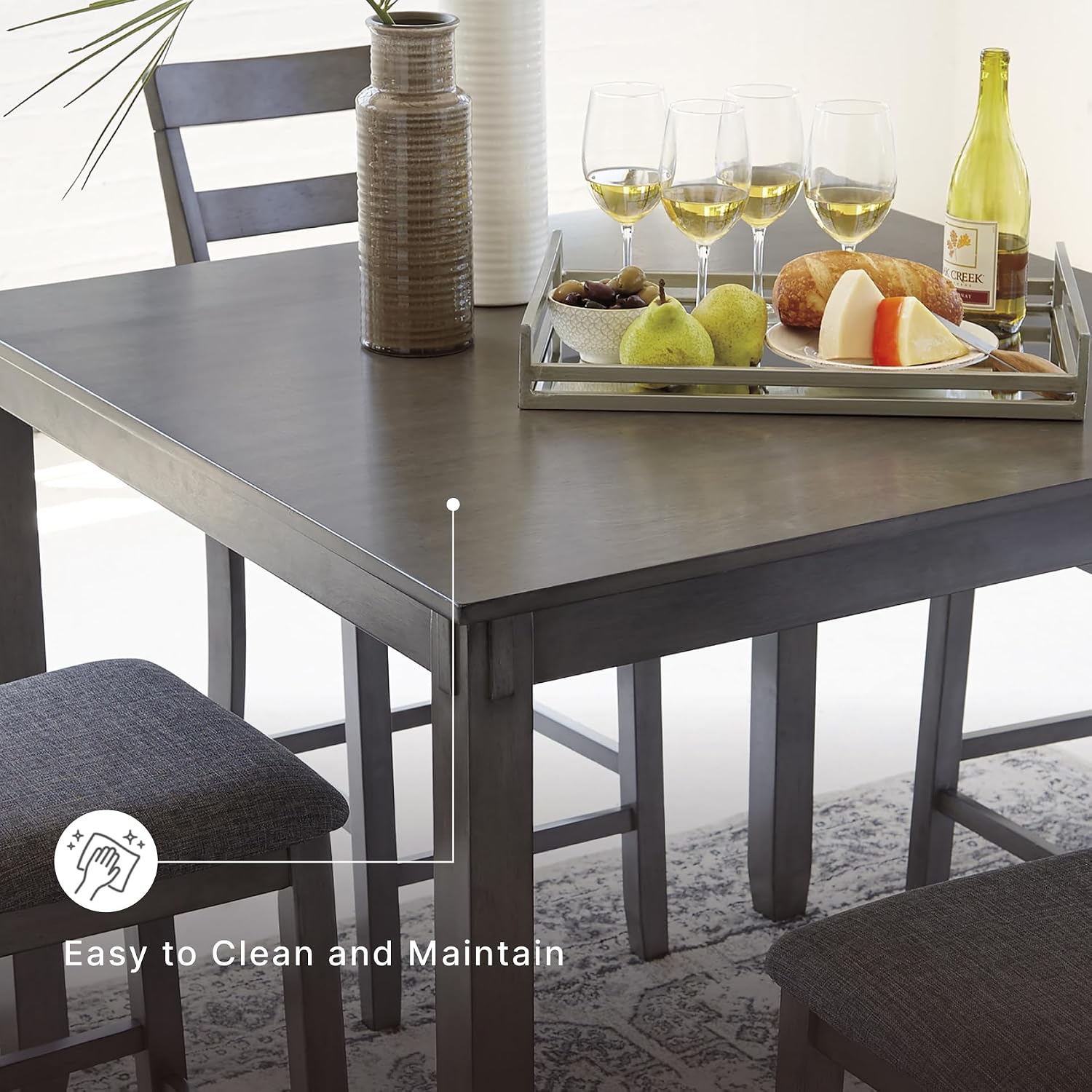Signature Design by Ashley 5-Piece Square Counter Height Dining Set, Gray | Textured gray polyester fabric with wood, veneer and engineered wood, Small kitchen table for 4, Bridson Series