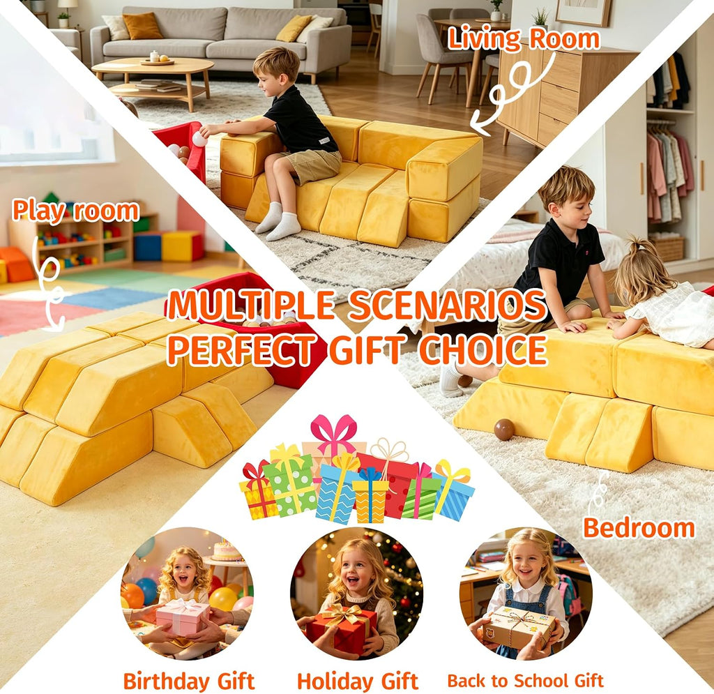 BABAMU Modular Kids Play Couch, Fries Box Design Child Sectional Sofa, Fort-Play Bedroom & Playroom Furniture for Toddlers, Convertible Foam, Washable Covers