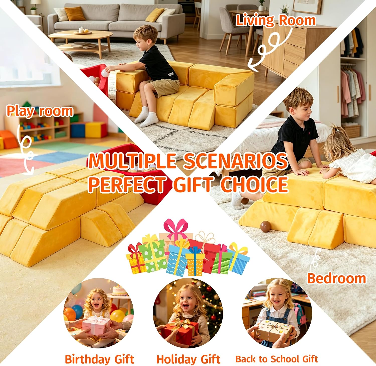 BABAMU Modular Kids Play Couch, Fries Box Design Child Sectional Sofa, Fort-Play Bedroom & Playroom Furniture for Toddlers, Convertible Foam, Washable Covers