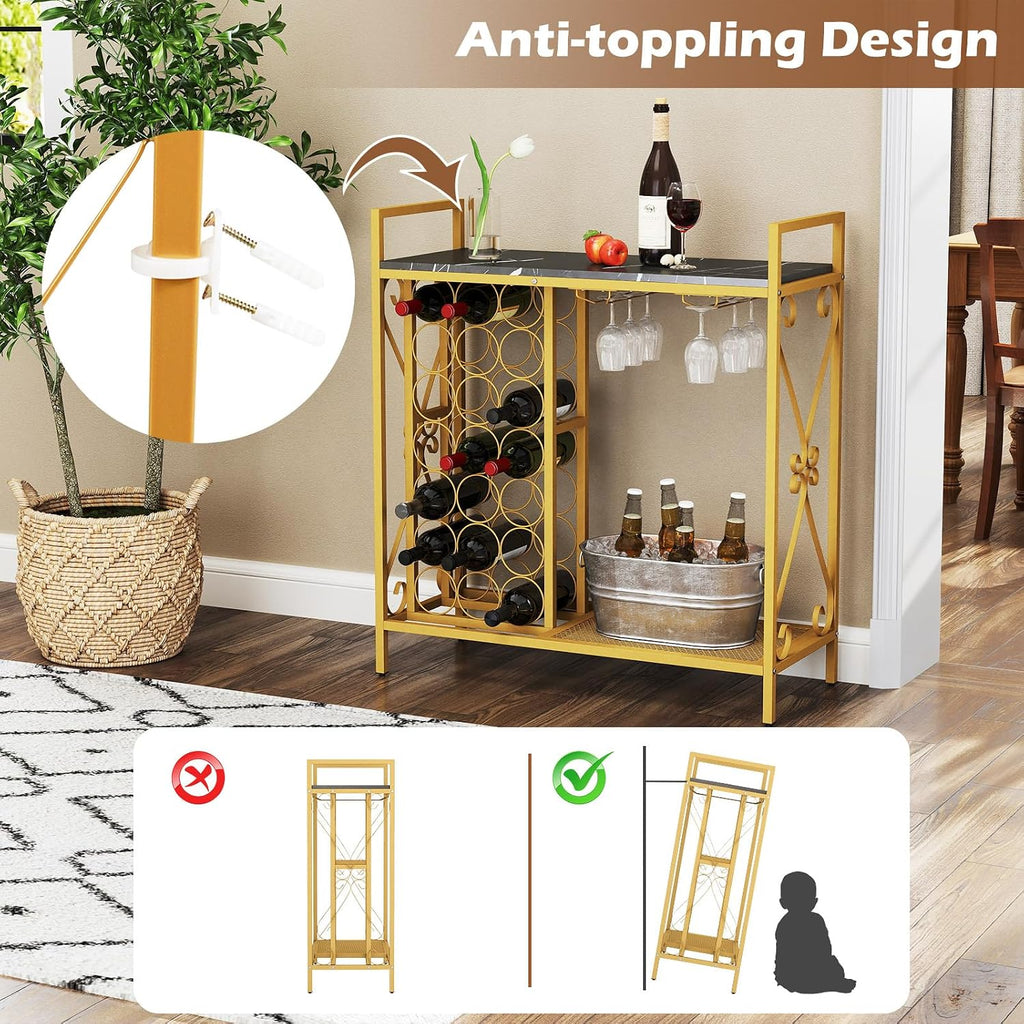Giantex 21-Bottle Wine Rack Freestanding Floor, Wine Bar Table with 6-Glass Wine Glass Holder, Industrial Wine Display Storage Shelf, Liquor Coffee Bar Cabinet for Home, Dining Room (Gold+Black)