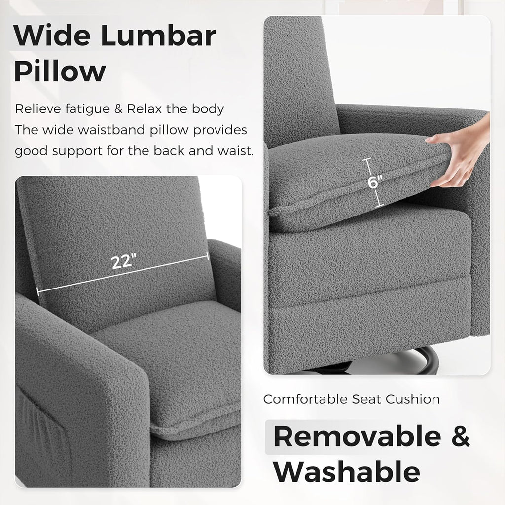 Amopatio Swivel Glider Recliner for Indoor Nursery Rocker Chair Upholstered Single Sofa with Side Pockets and Footrest for Living Room Bedroom(Gray)