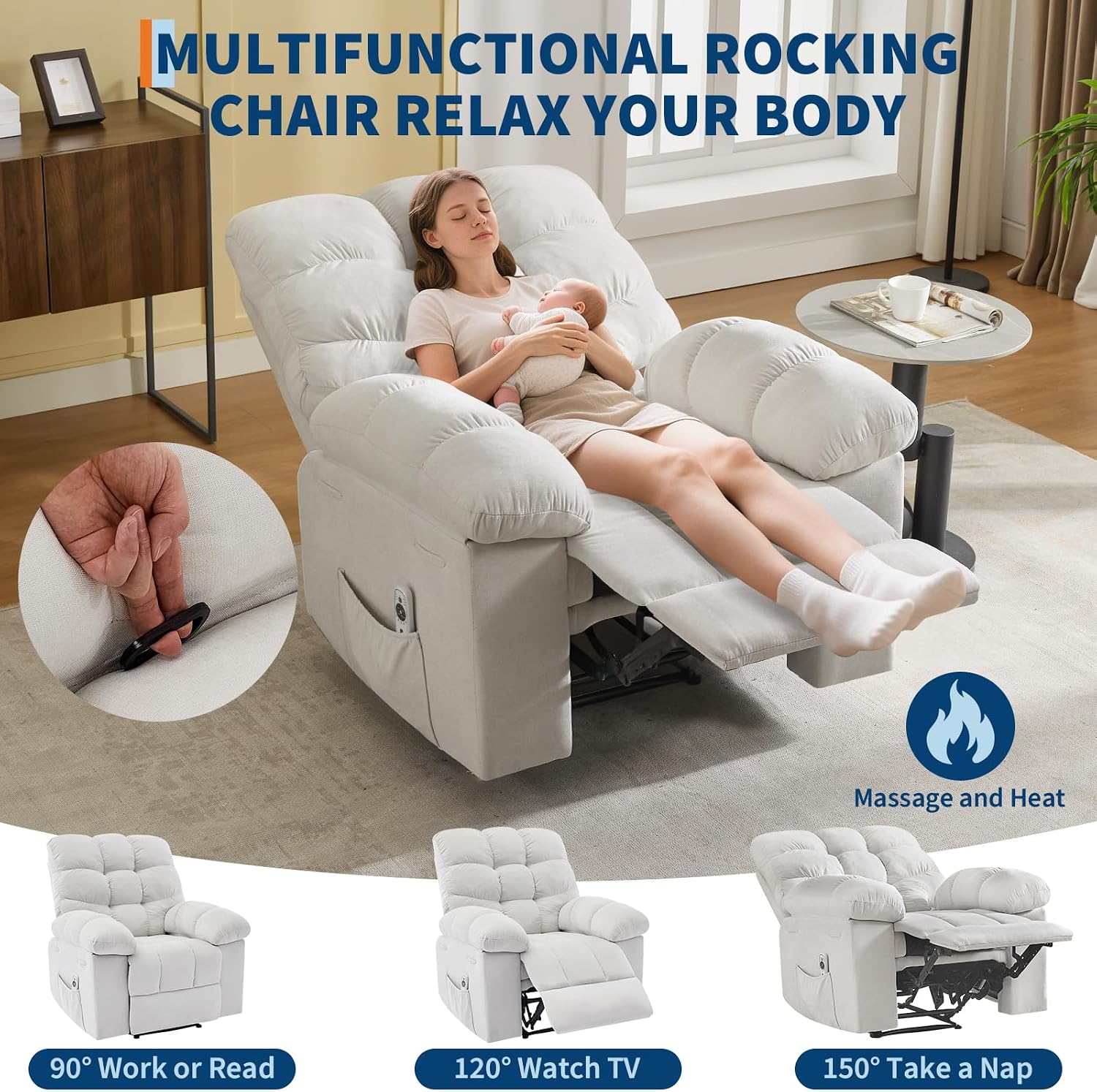 Rocking Recliner Chair with Massage & Heat, Overstuffed Fabric Upholstery, Remote Control, Side Pockets, for Living Room, Bedroom, Nursery, Home Theater, Beige