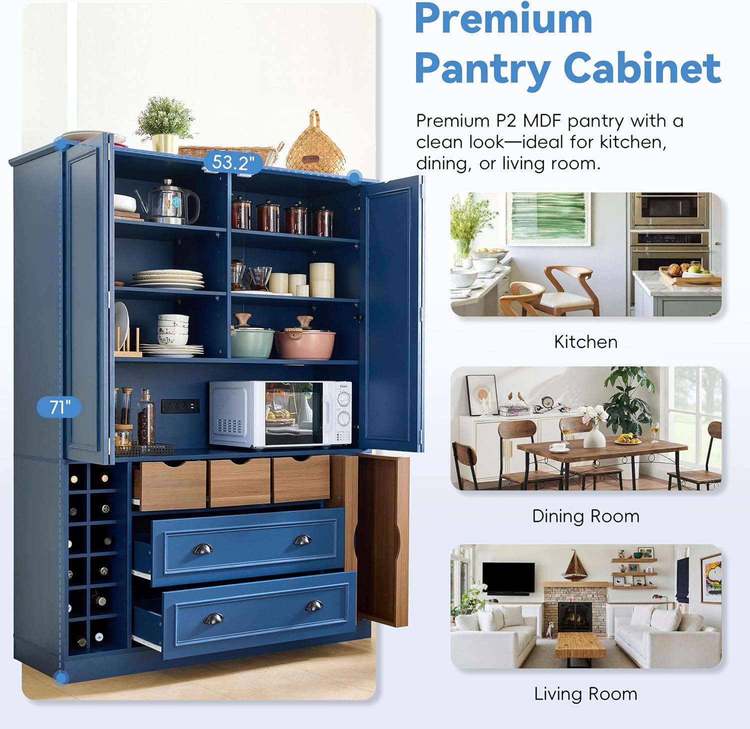71" Tall Kitchen Pantry Storage Cabinet with 4 Foldable Doors, Freestanding Large Cupboard with Power Outlet, Adjustable Shelves and Wine Racks for Dining Room, Kitchen, Blue