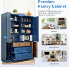Polibi Farmhouse 71" Large Kitchen Pantry Cabinet with 4 Foldable Doors, Power Outlet, Wine Racks, Serving Trays, Adjustable Shelves & Drawers, for Dining Room Storage, Blue