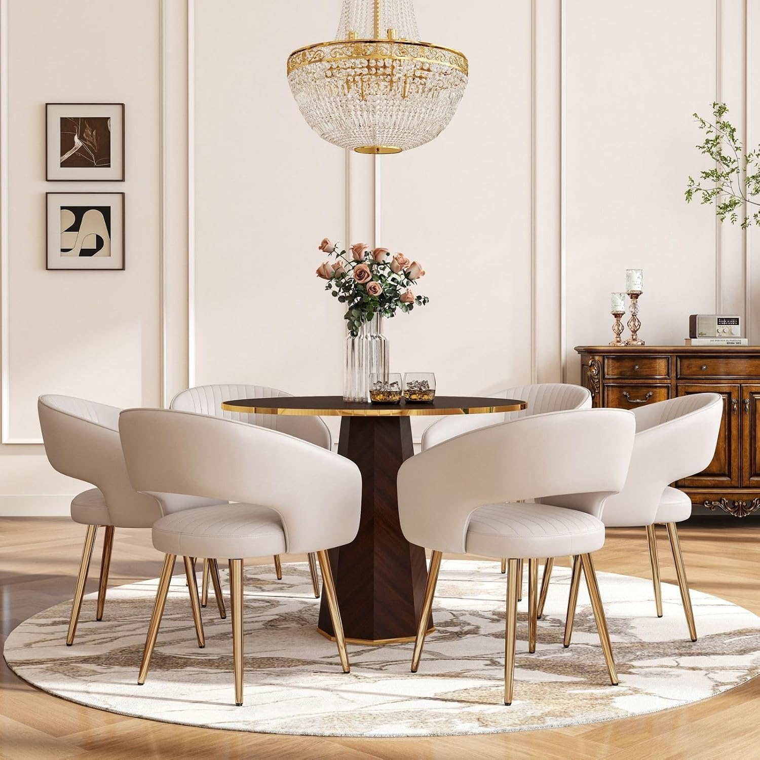 Hyfirm Leather Dining Chairs Set of 6, Modern Cream Gold Kitchen Chairs with Hollow Back, Upholstered Accent Side Chairs for Living Room/Reception/Restaurant