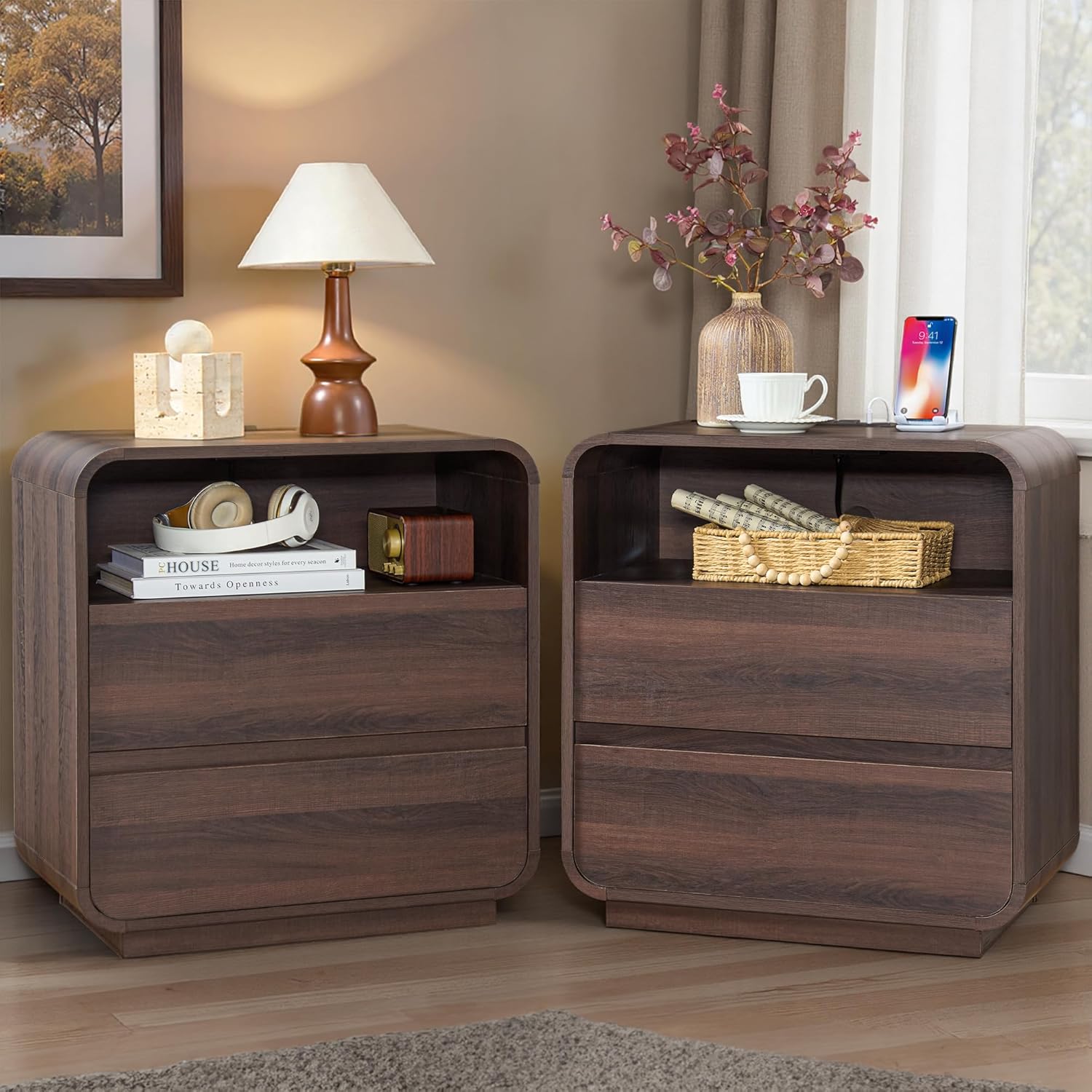 Standifurno Modern Walnut Nightstand, 25" Tall Wooden Bedside Table with Charging Station, 2 Storage Drawers Side Table Curved Profile, Handleless, Large End Table Night Stand for Bedroom, Office