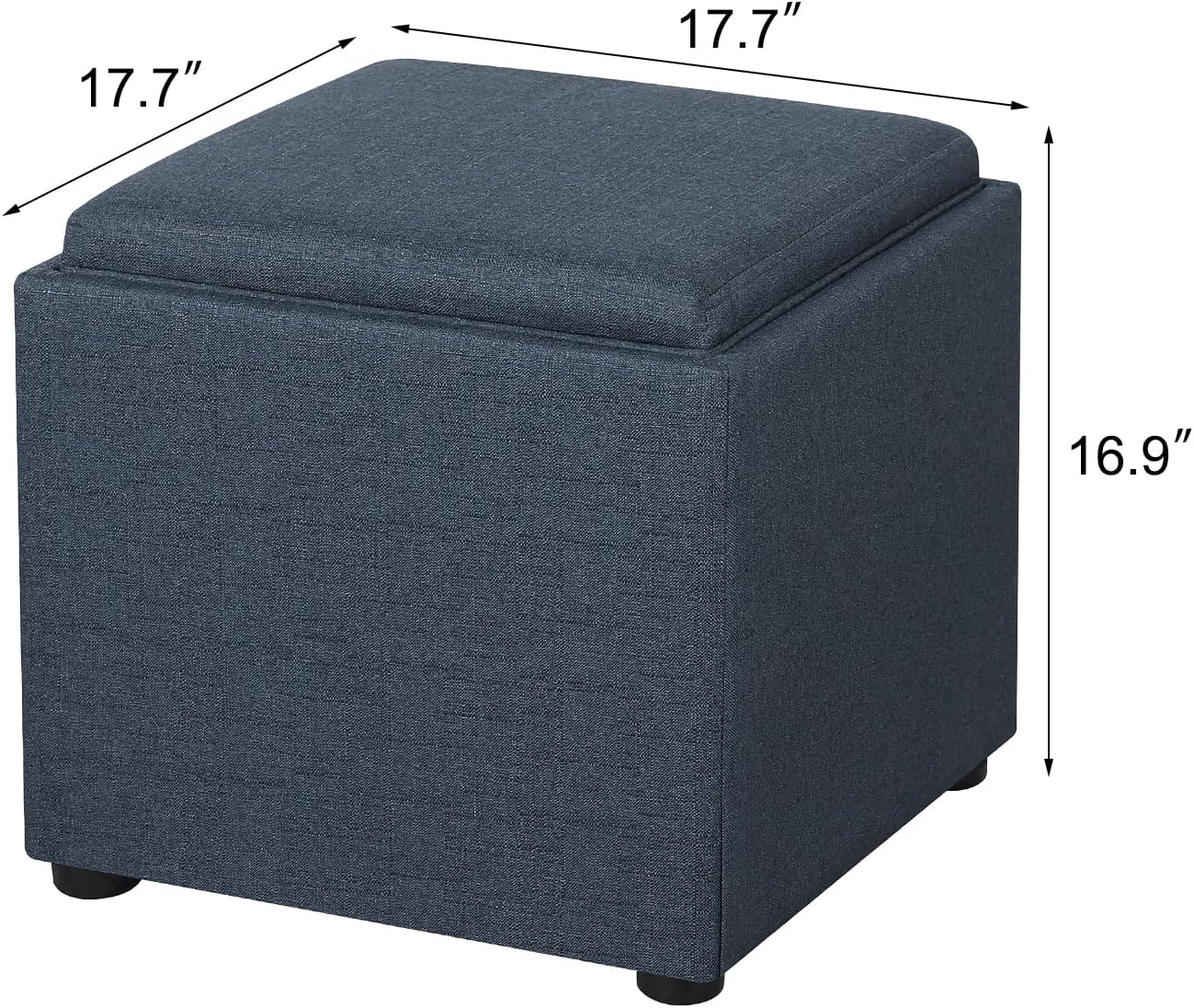 Joveco Storage Square Ottoman with Tray, Small Linen Foot Rest Stool Cube, Coffee Table for Dorm Living Room Bedroom, Denim Gray