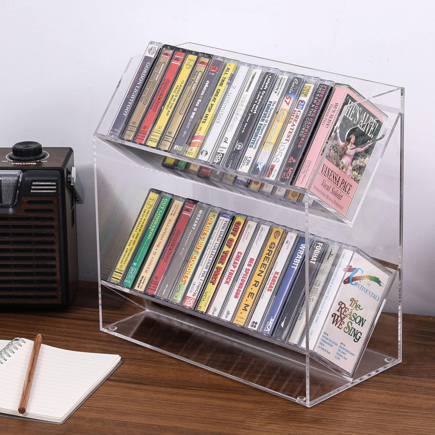 MyGift Clear Acrylic Cassette Tape Holder, 2 Tier Retro Audio Tape Deck Storage Display Case with Cutout Handles