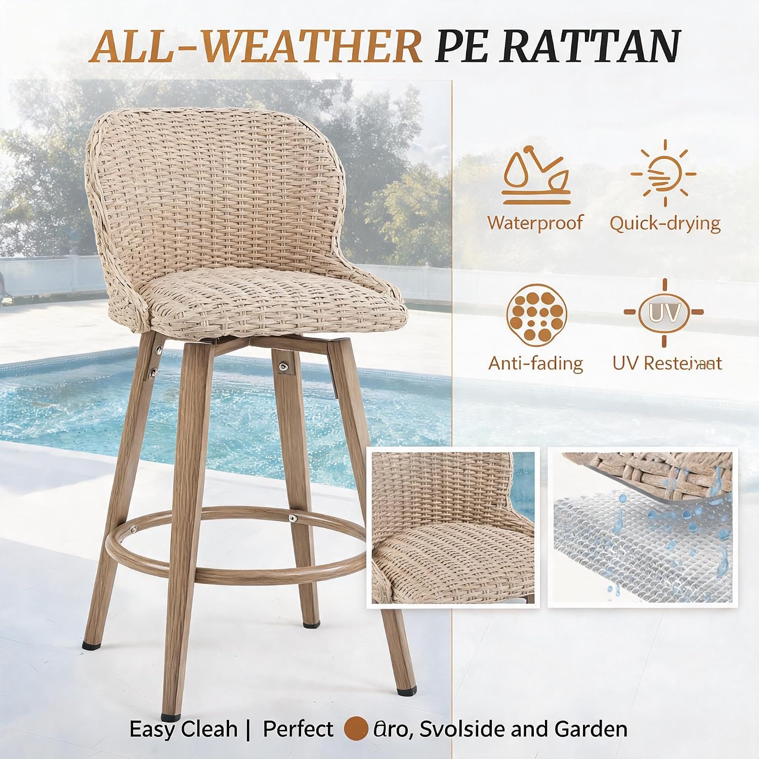 LUE BONA Swivel Outdoor Bar Stools Set of 4, 27" Wicker Counter Height Patio Chairs, All-Weather Waterproof Boho Coastal Bar Stools with Backrest for Kitchen Island, Porch, Patio, Pool, Apricot