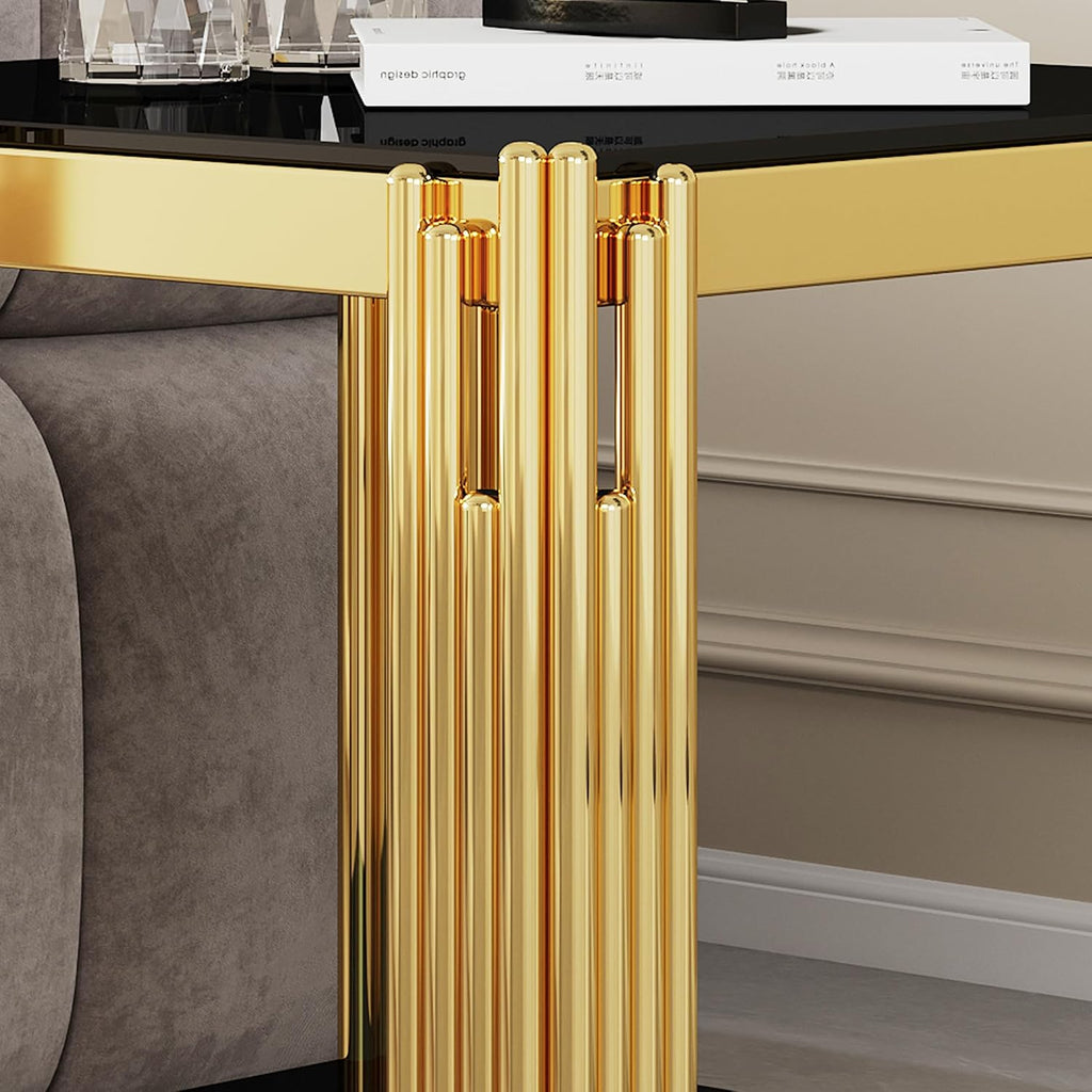 Modern Square End Table Black Glass Sofa Side Table with Gold Stainless Steel Base, Luxury 2-Tier Small Accent Tables with Glass Top & Lower Shelf for Living Room Apartment