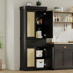Tall Kitchen Pantry Cabinet with Rattan Doors, Adjustable Shelves & Drawer, Freestanding Storage Cupboard for Bathroom, Dining Room & Living Room（New Black）