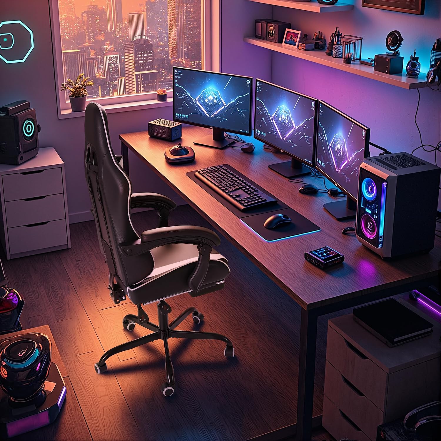 GUNJI Gaming Chair, Computer Chair with Footrest and Lumbar Support, Gaming Chair with Adjustable Reclining Angle, 360° Swivel Seat and Headrest,Thickened for Office and Video Games, White