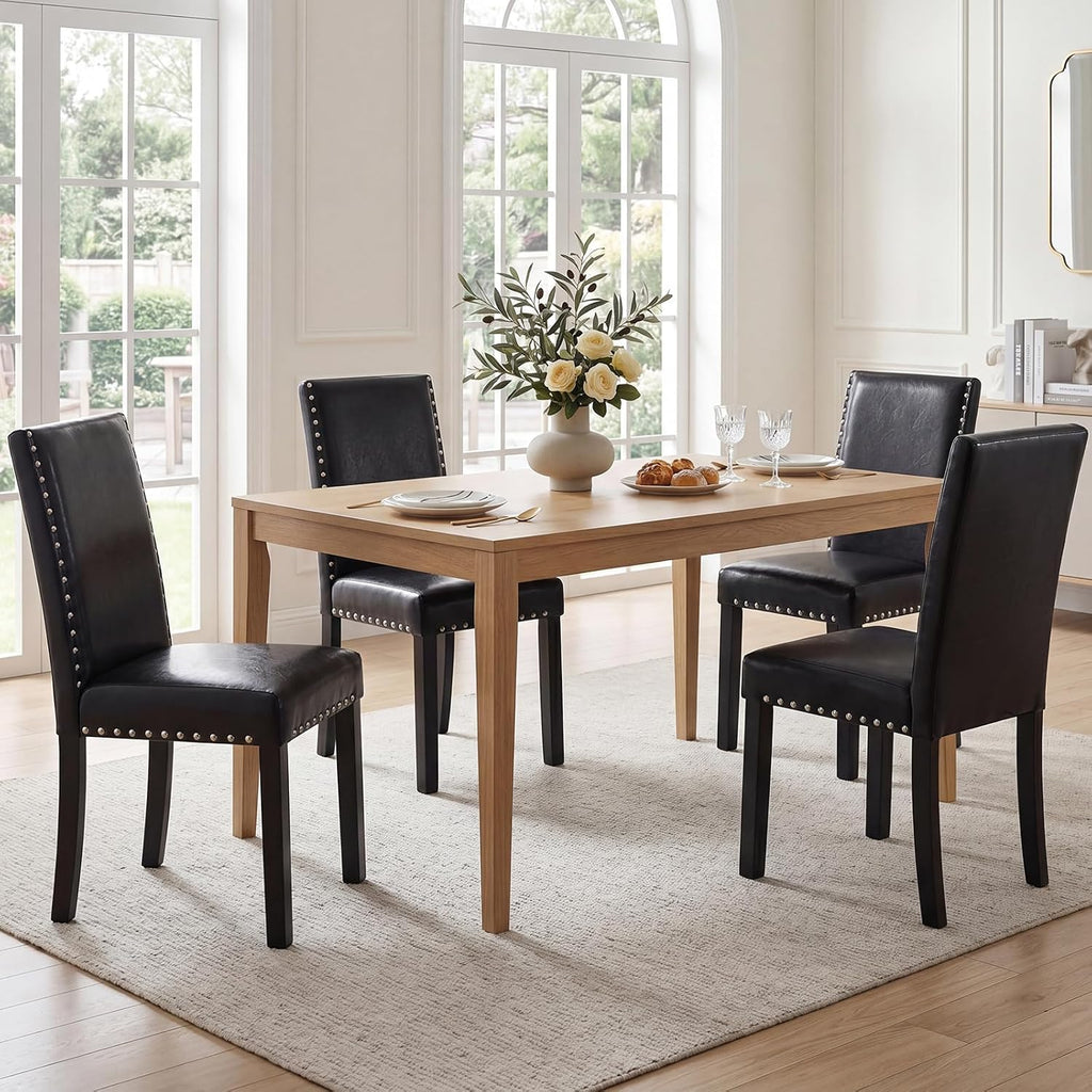 Giantex Black Dining Chairs Set of 4, Faux Leather Upholstered Parsons Kitchen Chairs with Solid Rubber & Bent Wood Legs, Thick Padded Seat, Armless Side Chairs for Living Dining Room Restaurant