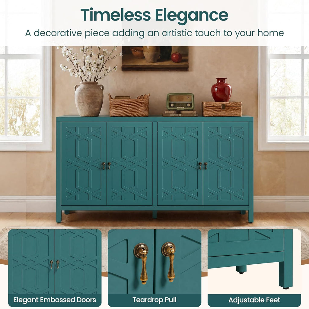 RoyalCraft Buffet Cabinet with Storage, 60" W Modern Coffee Bar Sideboard with 4 Doors & Adjustable Shelves, Painted Wooden Credenza for Dining Room, Kitchen, Living Room, Entryway, Turquoise Blue