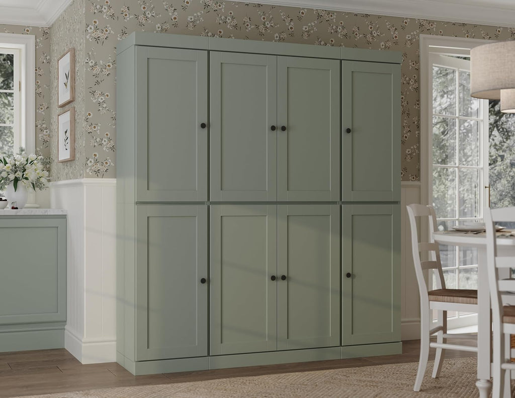 Palace Imports Solid Wood Pantry Cabinet – 71.5" Tall x 65" Wide - Wooden Storage Cabinet w/ 8 Shaker Doors, 2 Drawers, 12 Adjustable Shelves - Kitchen Cupboard - Sage, 100% Eco-Friendly Pine Wood