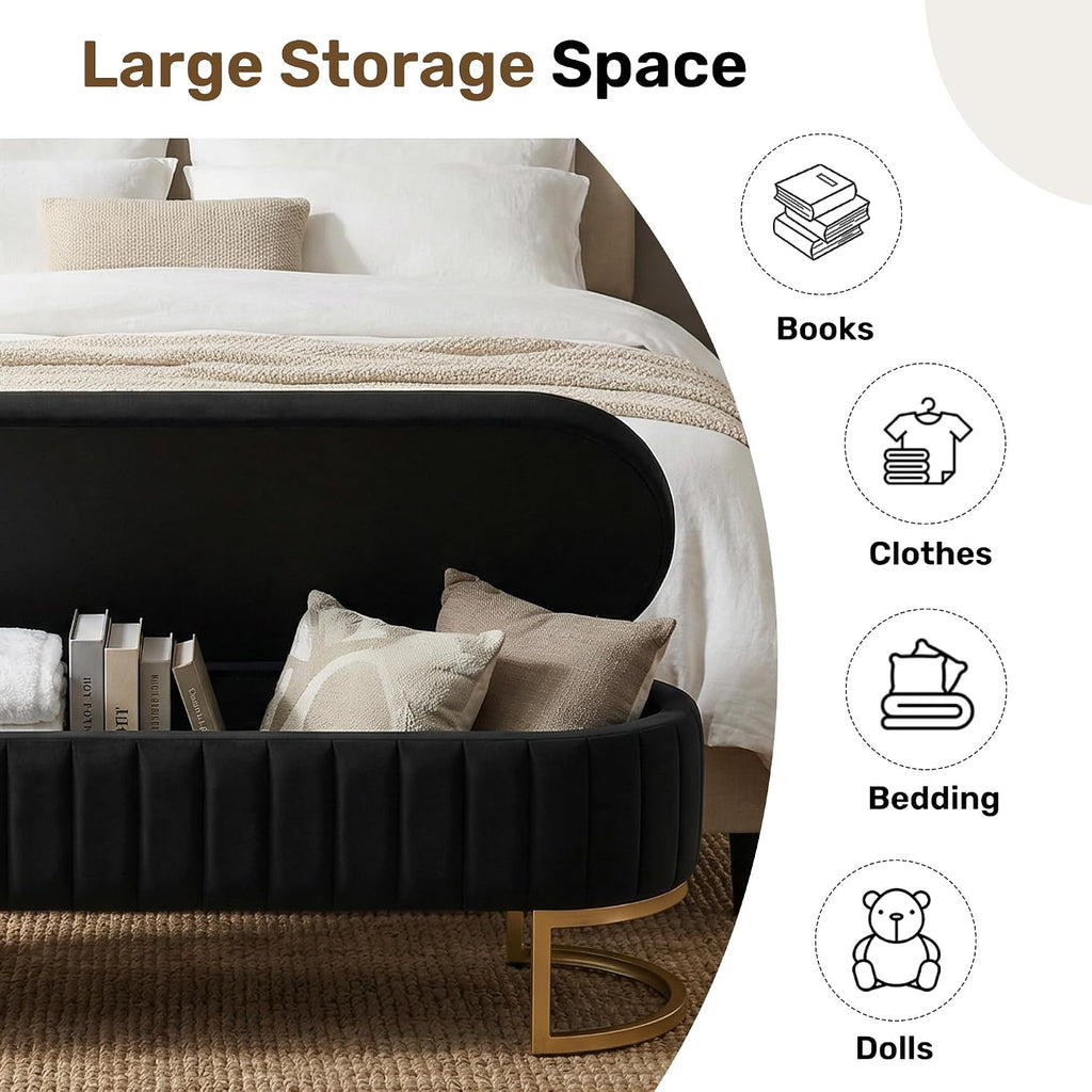 51 Inch Storage Ottoman Bench Velvet End of Bed Storage Bench King Size Upholstered Tufted Bench Large Space for Bedroom Living Room Entryway Black