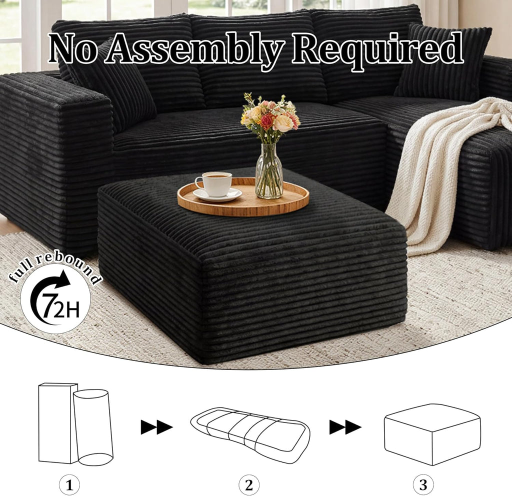 Corduroy Ottoman, Modern Boneless Cloud Foot Rest Foam Support, Oversized Modular Sectional Sofa Stool for Living Room, Bedroom & Small Spaces, No Assembly Required (Black, Ottoman)