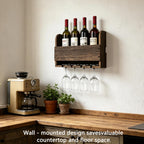 Wall Mounted Wooden Wine Rack with Glass Hanger | Wine Bottle Storage Shelf, Rustic Wall Wine Holder for Home Bar, Kitchen, Dining Room Farmhouse Decoration