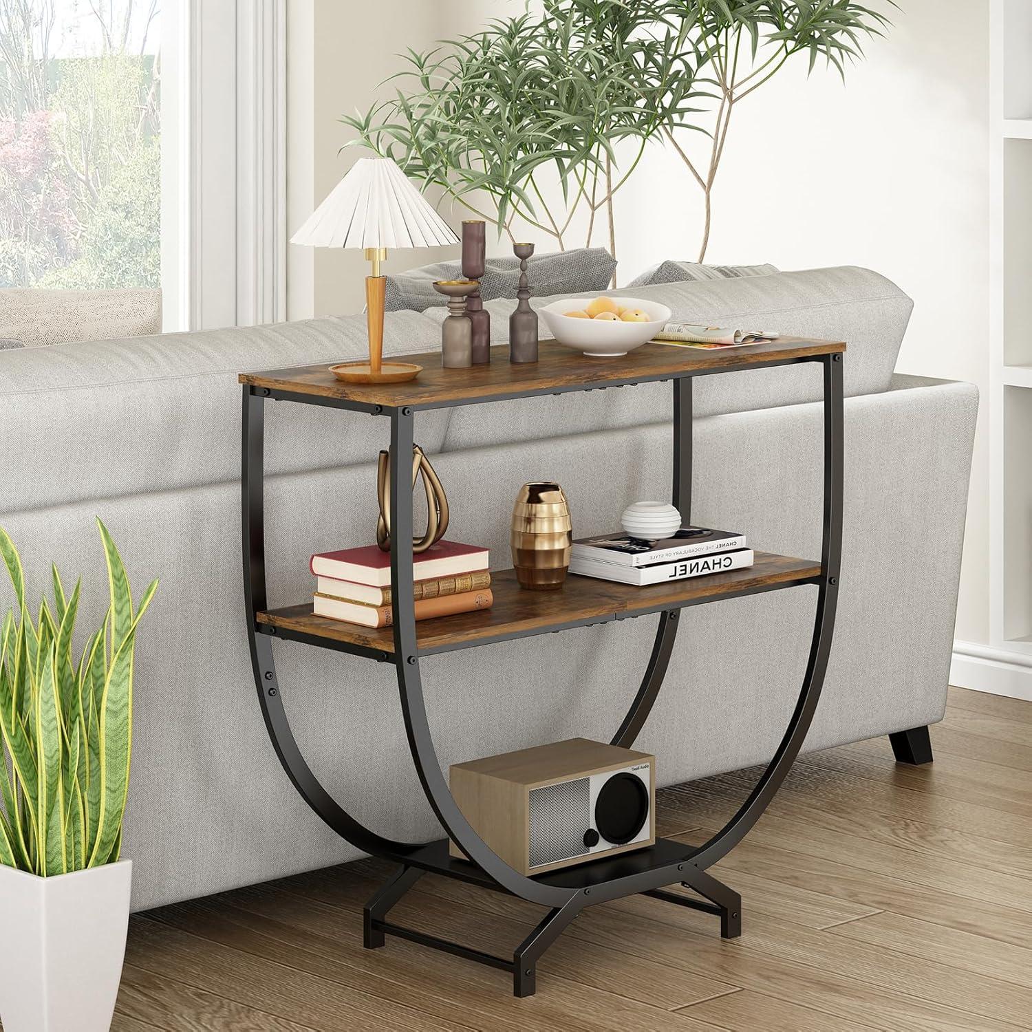 GILLAS 3 Tier Console Tables, 30" Height Entryway Table, Sofa Table Behind Couch, Industrial Entryway Furniture TV Stand with Storage for Living Room, Easy No-Extra-Tools Assembly, Rustic Brown