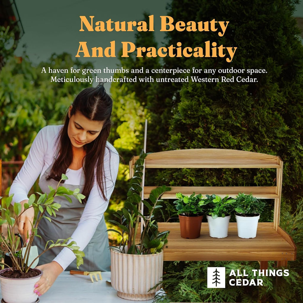 All Things Cedar Deluxe Potting Bench, Outdoor Garden Workstation Table, 24" D x 47.5" W x 61" H