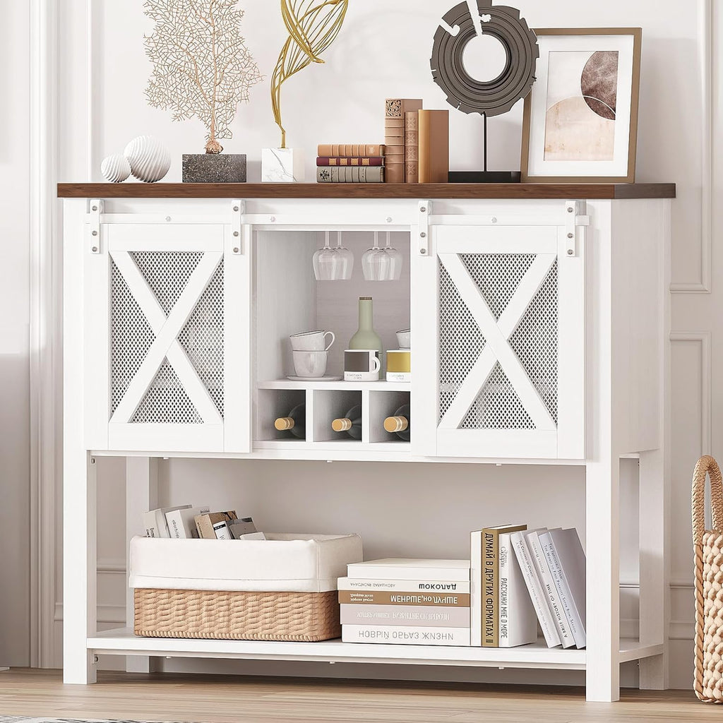 Garvee Wine Bar Cabinet with Storage - Sliding Barn Door Kitchen Buffet, Wood Sideboard Console with Wine Rack & Glass Holder for Living & Dining Room as a Coffee Bar, White