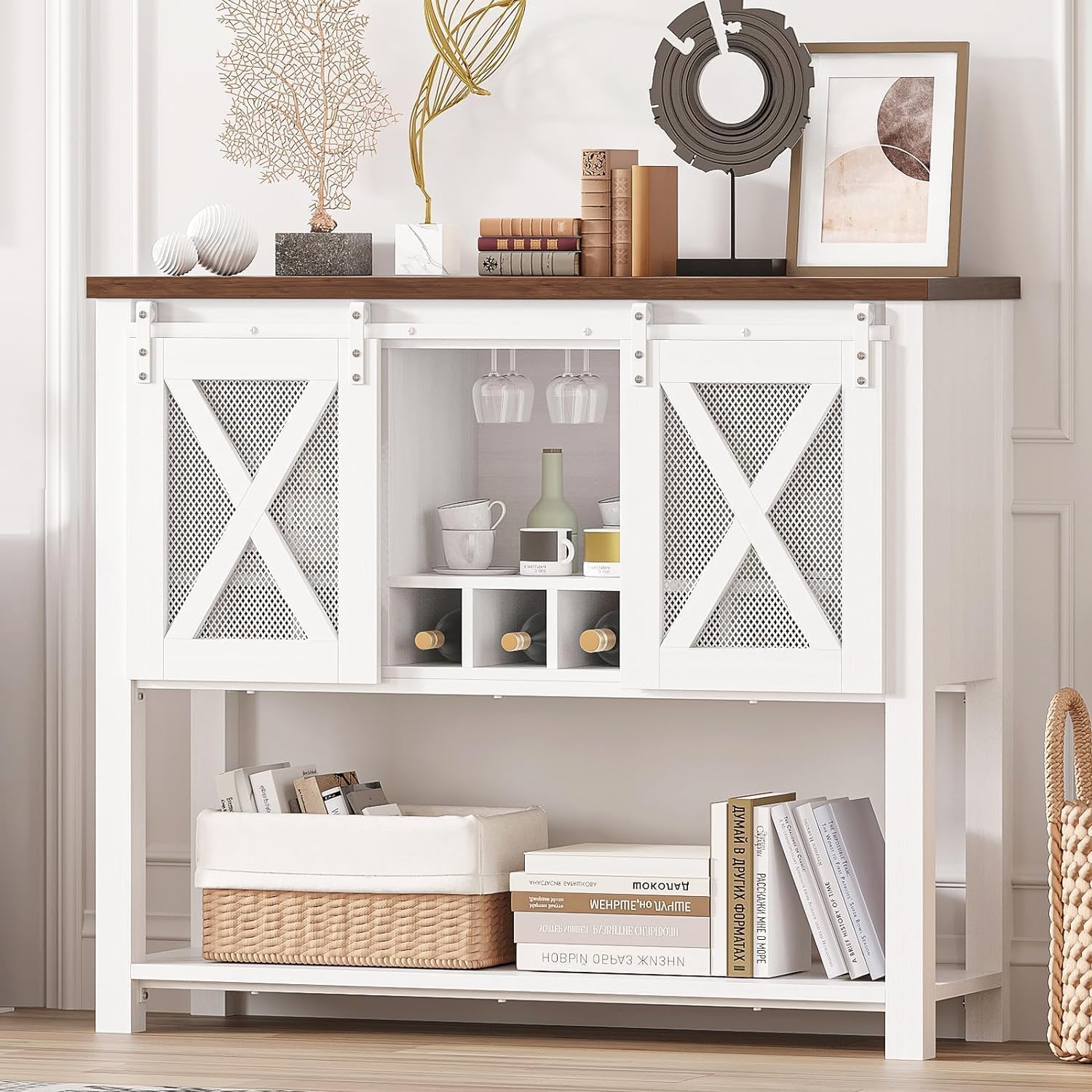 Garvee Wine Bar Cabinet with Storage - Sliding Barn Door Kitchen Buffet, Wood Sideboard Console with Wine Rack & Glass Holder for Living & Dining Room as a Coffee Bar, White