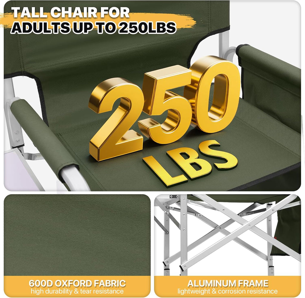 MoNiBloom 44.5'' Tall Makeup Artist Director Chair, Foldable Portable Aluminum Frame Folding Chair with Side Table, Cup Holder and Storage Pockets, 250 lbs Capacity, Dark Green