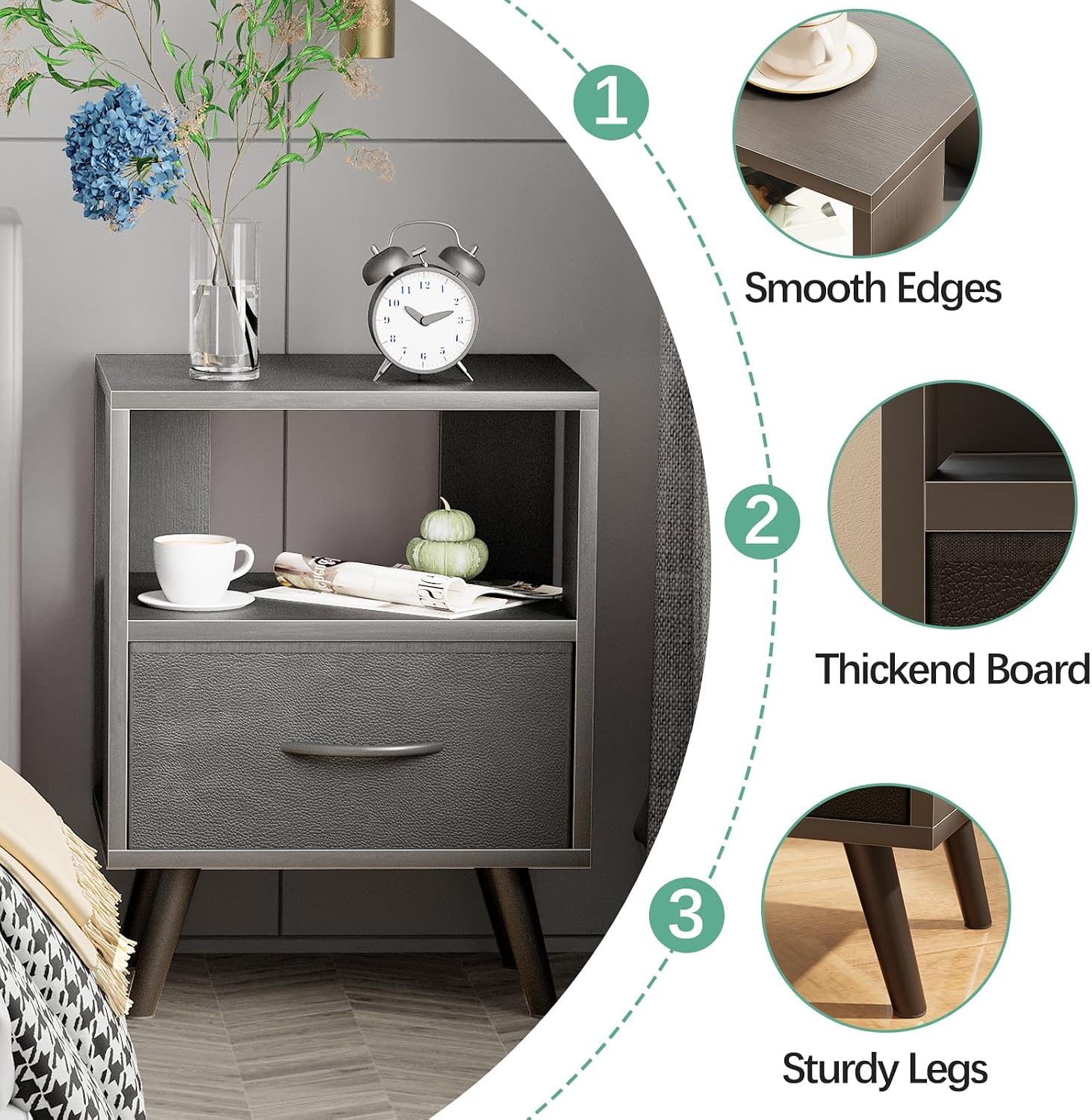 Aenuert Night Stand, Black Nightstand with Drawer, Side Table with Open Storage, 2-Tier Modern End Table, Bedside Table for Small Space, Living Room, Bedroom