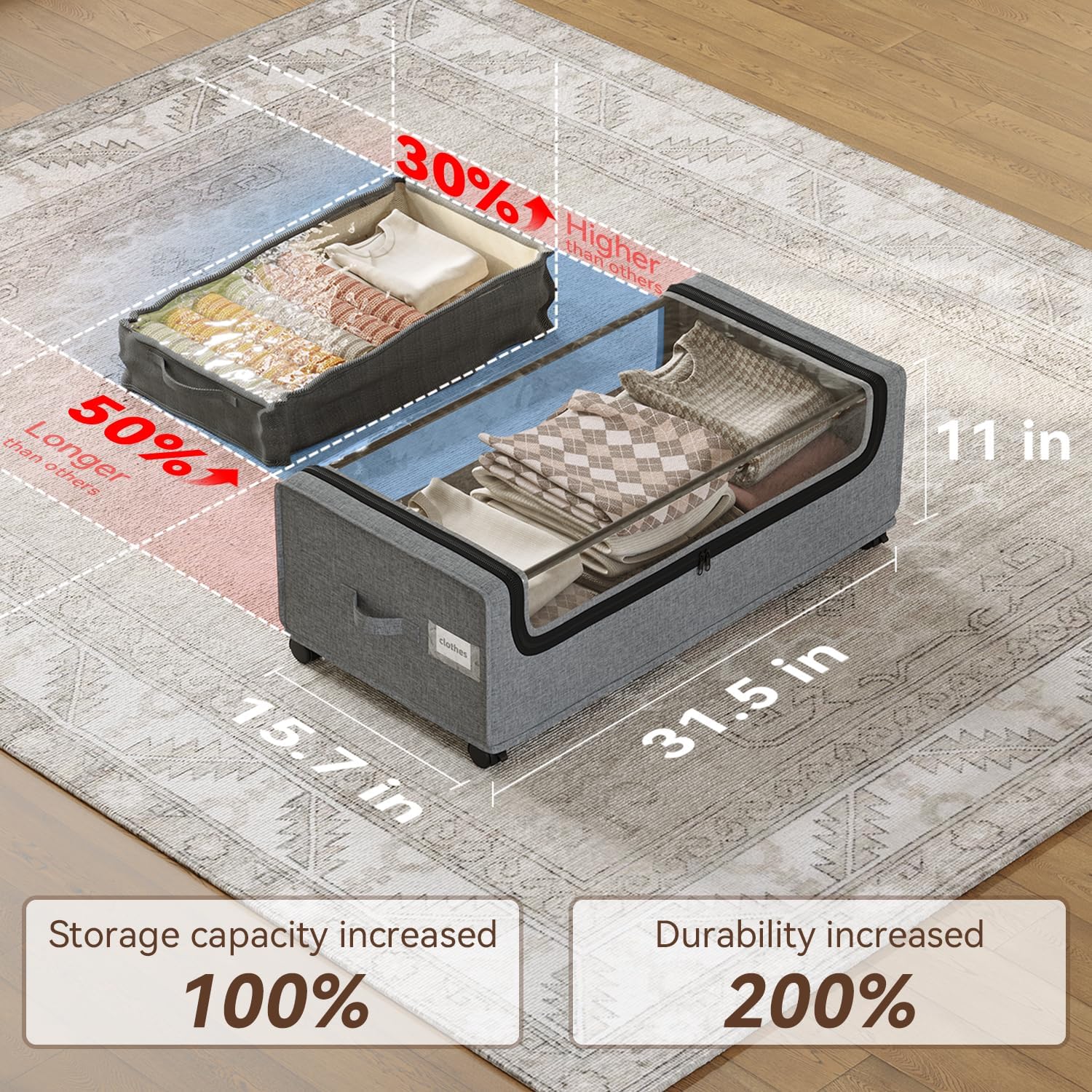 Under Bed Storage, Tall Size Under Bed Storage With Wheels, Under bed Shoe Storage, Metal Frame, 90L Capacity, Storage Drawers for Bedroom