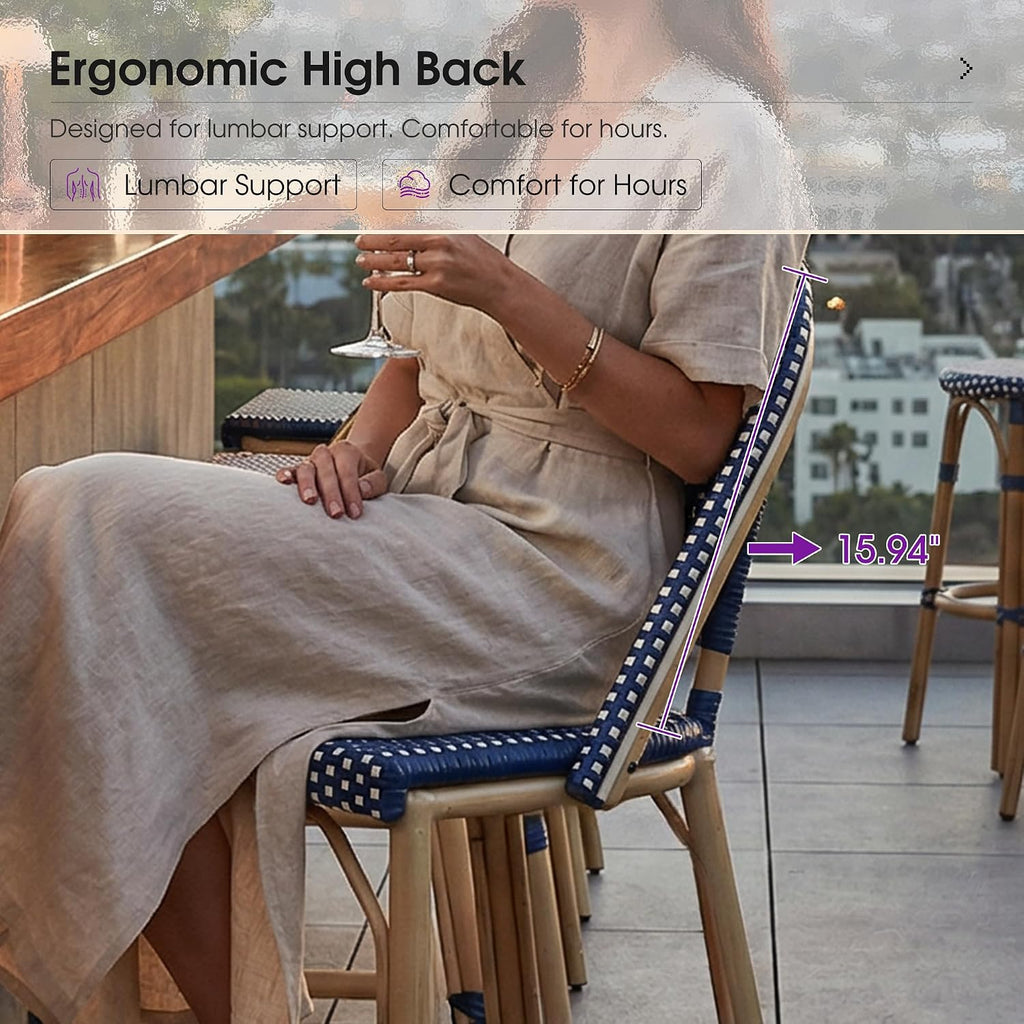 PURPLE LEAF Patio French Counter Height Stool Set of 2 Outdoor Backrest Barstools Aluminum Frame in Champagne Finish Woven Rattan for Indoor Kitchen Garden Balcony Restaurant Navy Blue
