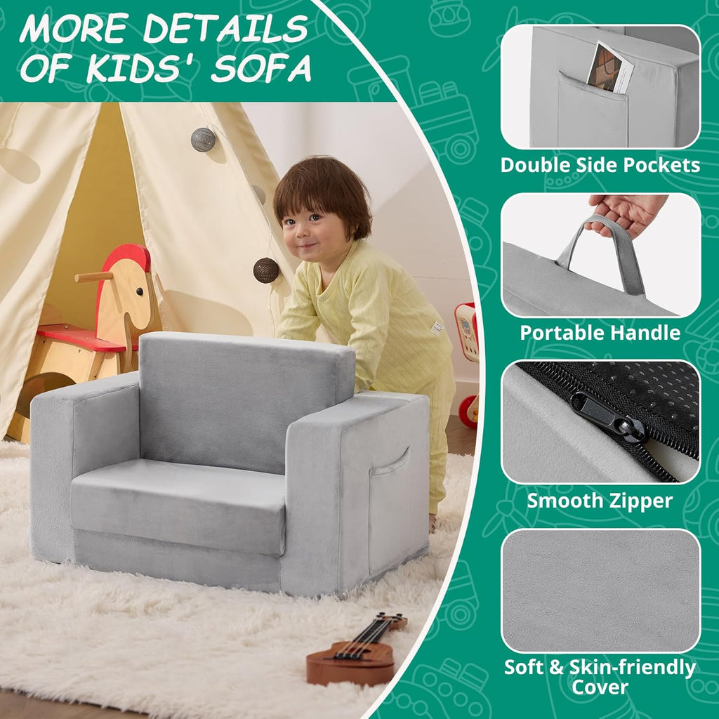 Kids Couch, 2-in-1 Toddler Chair Comfy 1-3 Years Old, Convertible Kids Chair, Toddler Couch Sofa, Kid Sofa to Lounge Bed for Boys and Girls Gifts, Kids Recliner, Grey