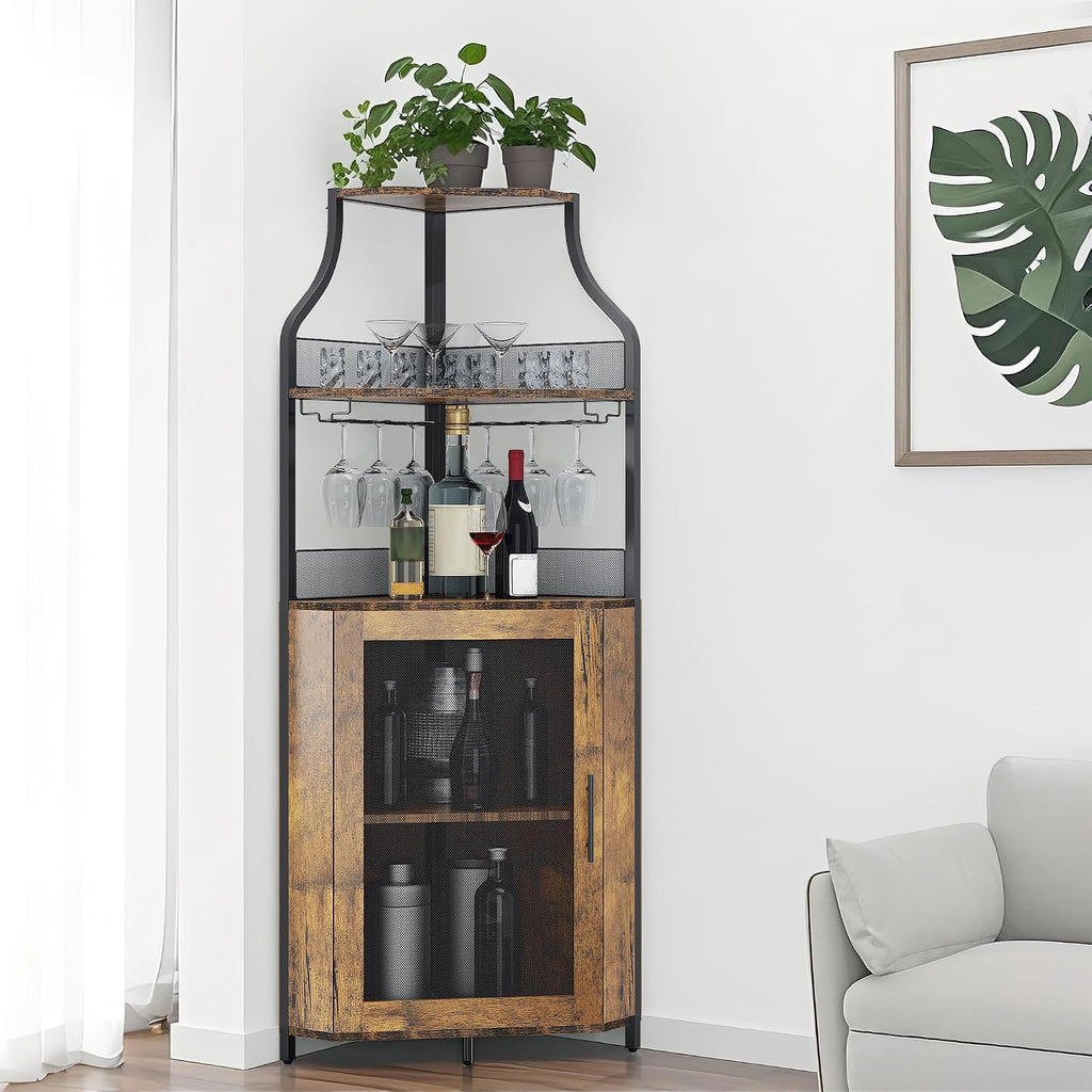 Corner Wine Cabinet Removable Design with Glass Shelves Mesh Doors Compact Sideboard and Buffet Cabinet Ideal for Home Bar and Living Room Storage