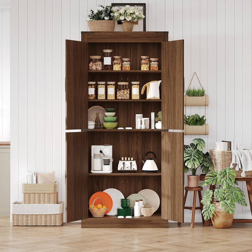 GarveeHome 71 in Tall Farmhouse Kitchen Pantry Storage Cabinet with 4 Barn Doors and Adjustable Shelves, Freestanding Rustic Wood Cupboard Storage Cabinets for Kitchen, Dining Room, Bathroom, Brown