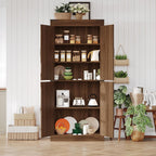 GarveeHome 71 in Tall Farmhouse Kitchen Pantry Storage Cabinet with 4 Barn Doors and Adjustable Shelves, Freestanding Rustic Wood Cupboard Storage Cabinets for Kitchen, Dining Room, Bathroom, Brown