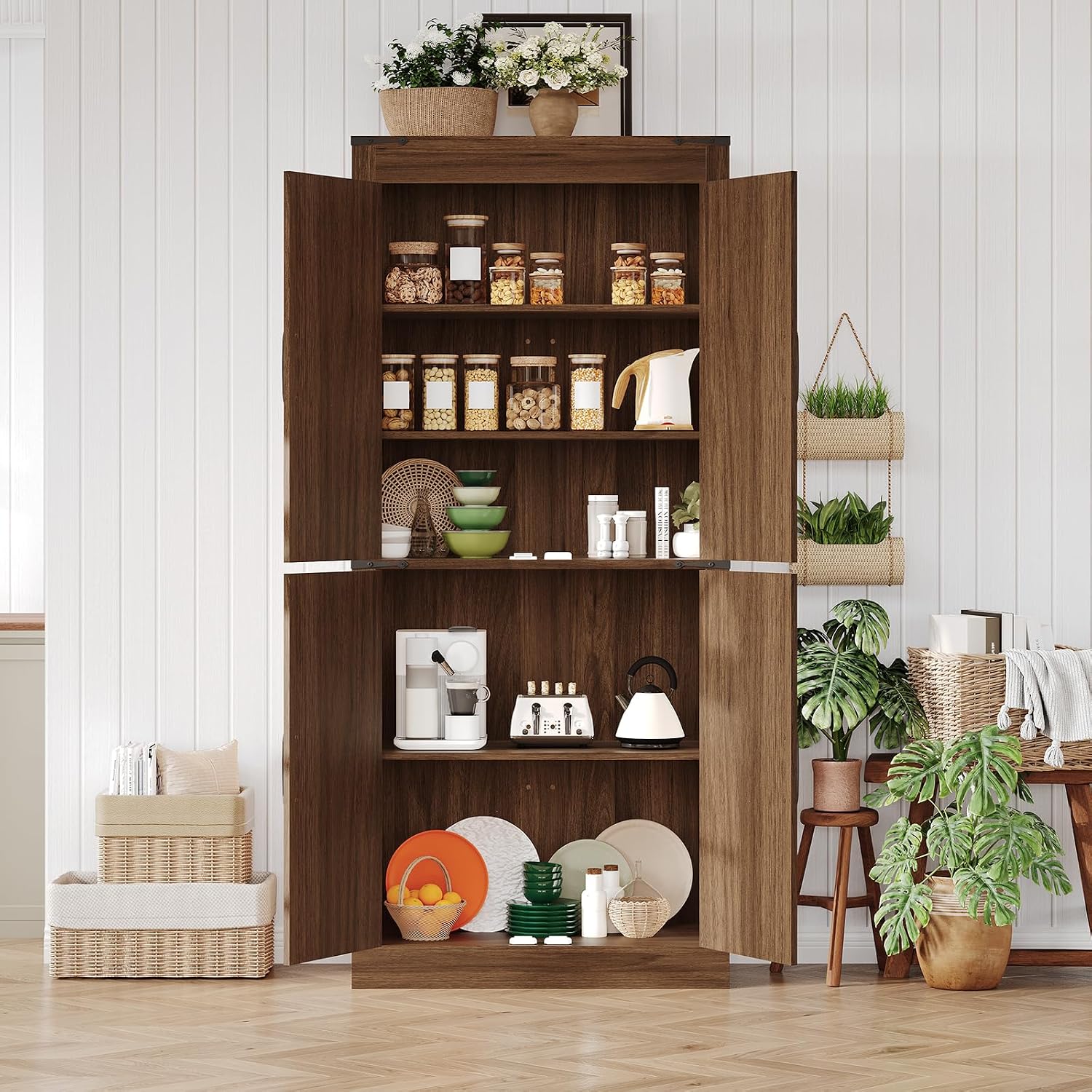 Rustic Brown Kitchen Pantry Cabinet – 71" Tall Freestanding Farmhouse Storage Cabinet with Doors & Adjustable Shelves – Rustic Wood Food Organizer for Kitchen, Living Room, Dining Room & Bathroom