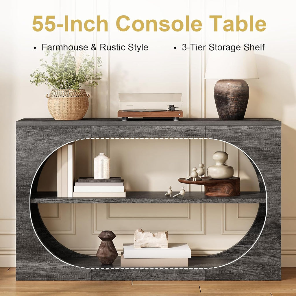 Console Table, 55-Inch Entryway Tables 3-Tier Wood Narrow Sofa Tables for Living Room Foyer Table for Entryway, Hallway, Entrance