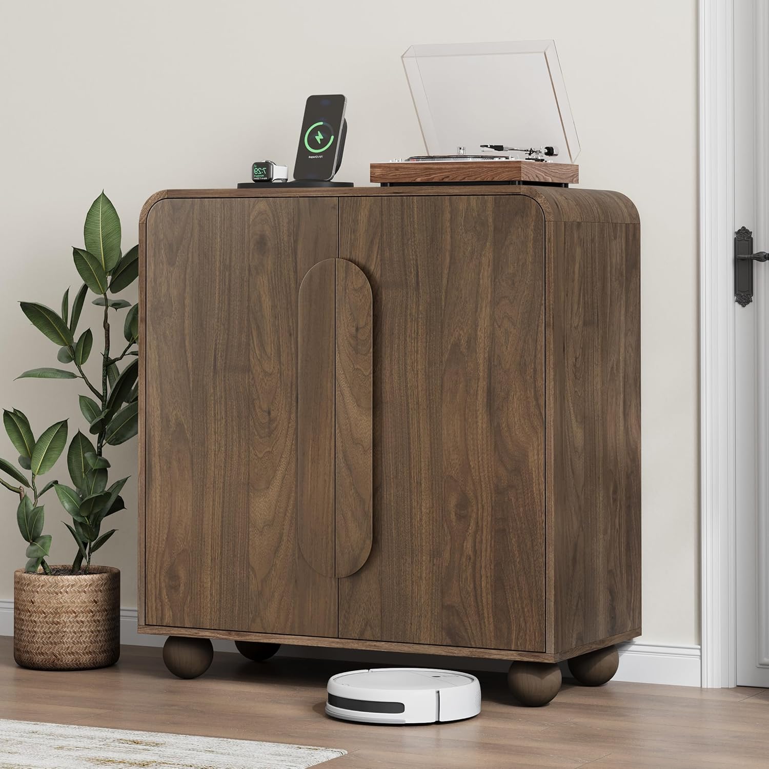 Smuxee Walnut Sideboard Cabinet, Freestanding Buffet Cabinet with Spherical Feet, Wood Storage Cabinet with Adjustable Shelf for Living Room, Entryway, Hallway