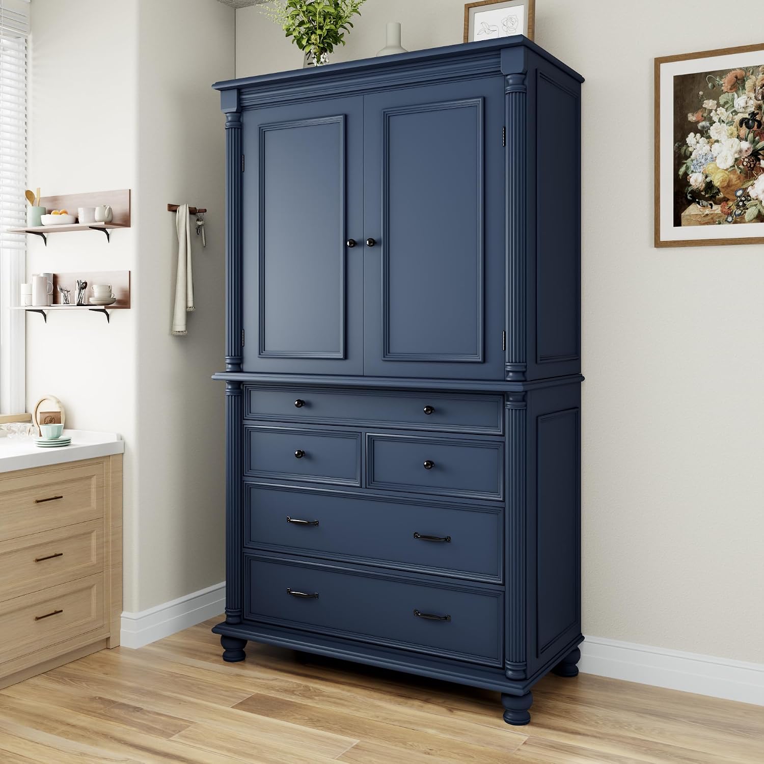 JIVOIT 77.3-inch Tall Large Kitchen Pantry with 6 Door Shelves, 2 Adjustable Shelves and 6 Drawers, 2 Doors, Modern Storage Cabinet Cupboard for Kitchen, Dining & Bathroom (Blue,53)