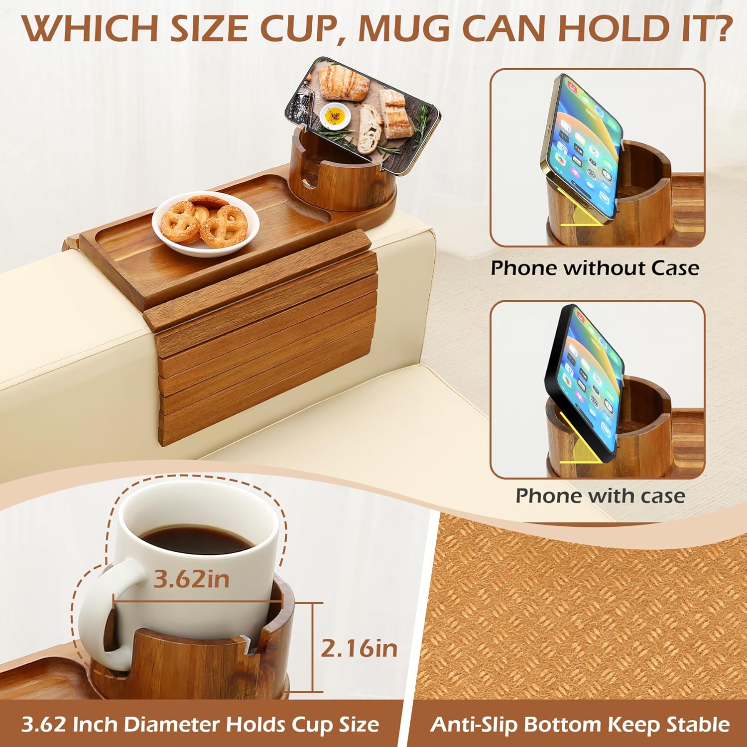 Couch Cup Holder Tray, 15.75" Acacia Wood Couch Armrest Table, 3 in 1 Foldable Sofa Clip on Side Table with 360° Phone Stand, Armrest Tray for Coffee Snacks