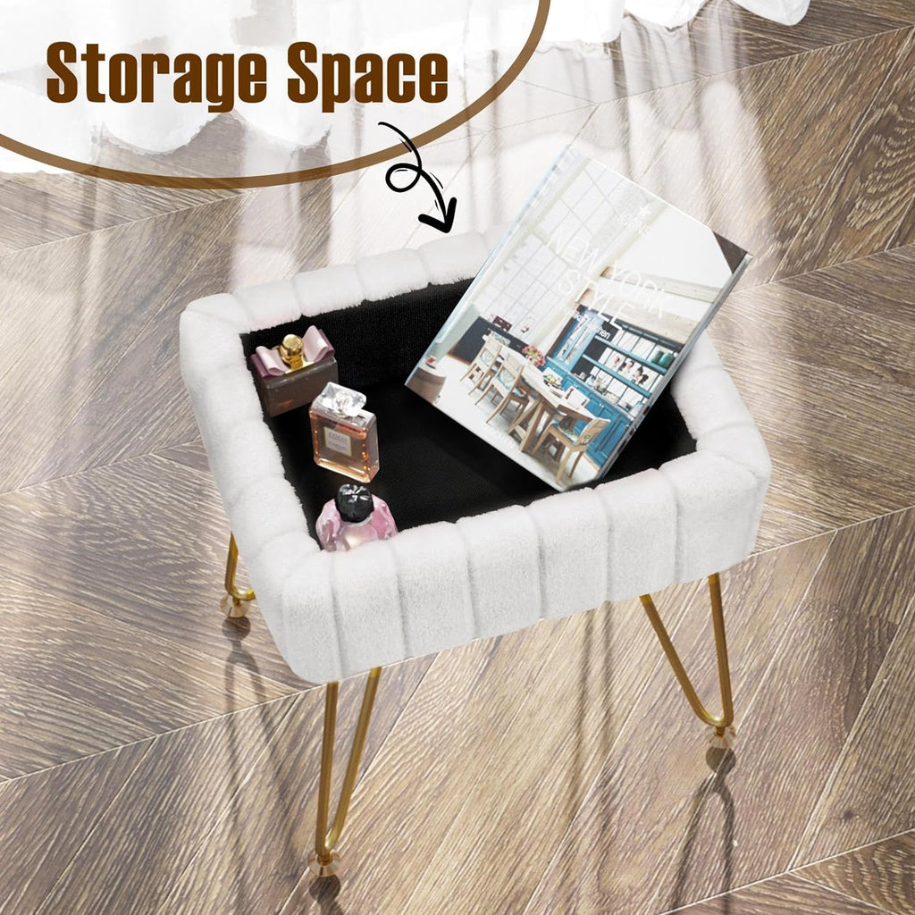 Greenstell Vanity Stool Chair Faux Fur with Storage, 15.7"L x 11.8"W x 19.4"H Soft Ottoman 4 Metal Legs with Anti-Slip Feet, Furry Padded Seat, Modern Multifunctional Chairs for Makeup, Bedroom White