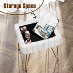 Greenstell Vanity Stool Chair Faux Fur with Storage, 15.7"L x 11.8"W x 19.4"H Soft Ottoman 4 Metal Legs with Anti-Slip Feet, Furry Padded Seat, Modern Multifunctional Chairs for Makeup, Bedroom White