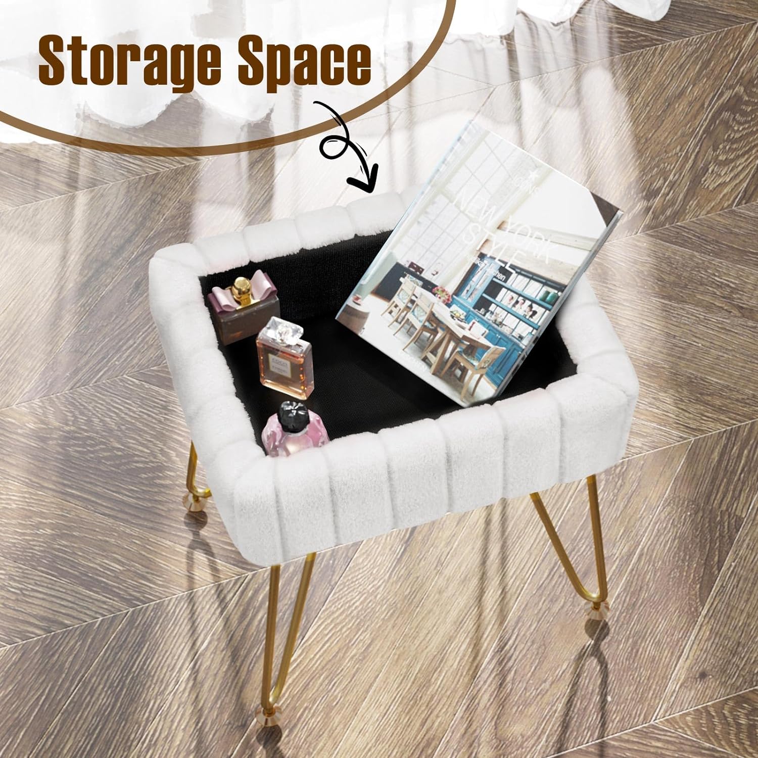 Greenstell Vanity Stool Chair Faux Fur with Storage, 15.7"L x 11.8"W x 19.4"H Soft Ottoman 4 Metal Legs with Anti-Slip Feet, Furry Padded Seat, Modern Multifunctional Chairs for Makeup, Bedroom White