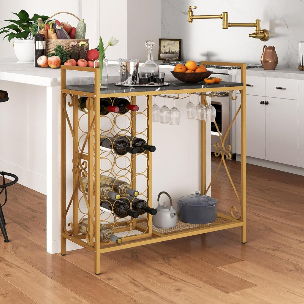 Giantex 21-Bottle Wine Rack Freestanding Floor, Wine Bar Table with 6-Glass Wine Glass Holder, Industrial Wine Display Storage Shelf, Liquor Coffee Bar Cabinet for Home, Dining Room (Gold+Black)