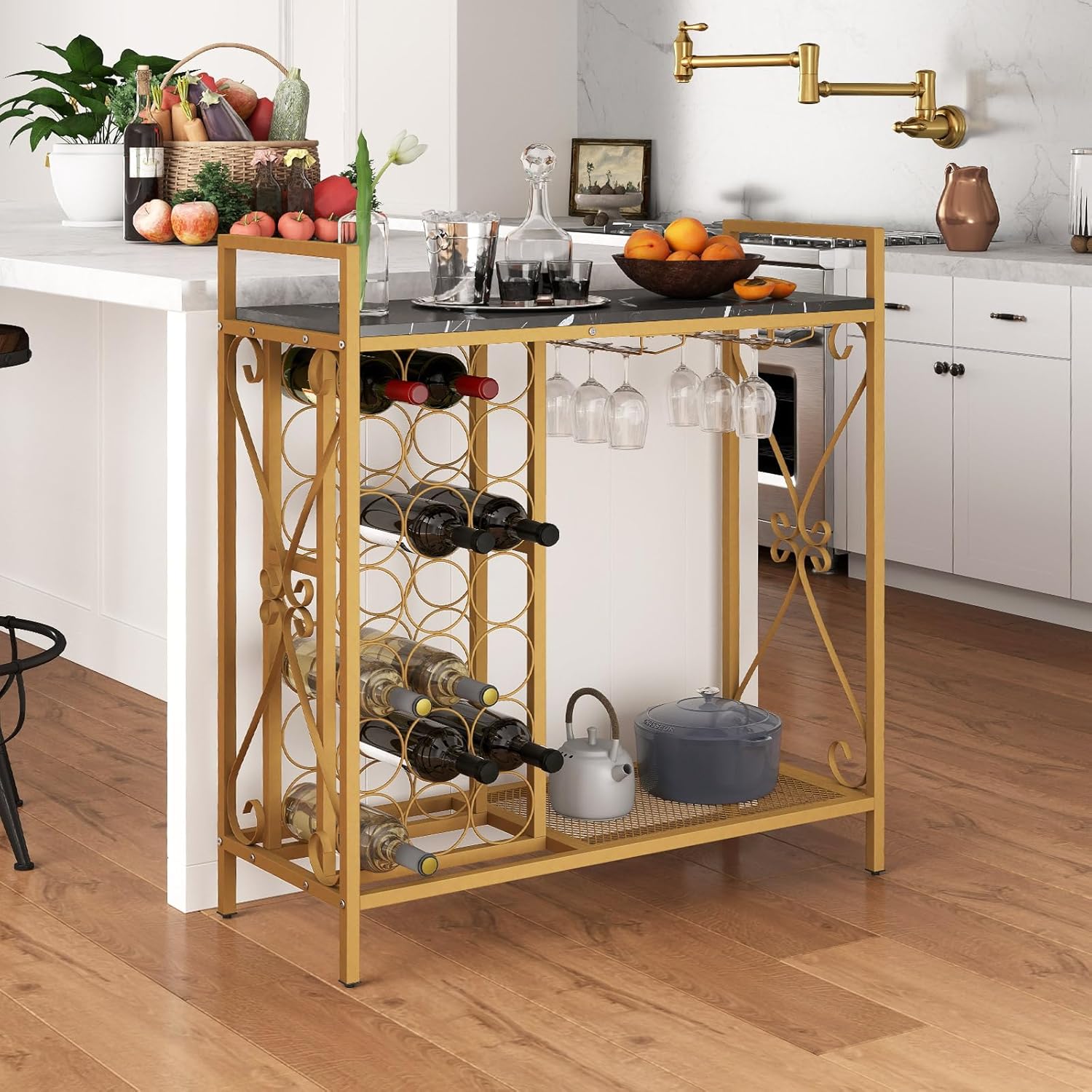 Giantex 21-Bottle Wine Rack Freestanding Floor, Wine Bar Table with 6-Glass Wine Glass Holder, Industrial Wine Display Storage Shelf, Liquor Coffee Bar Cabinet for Home, Dining Room (Gold+Black)