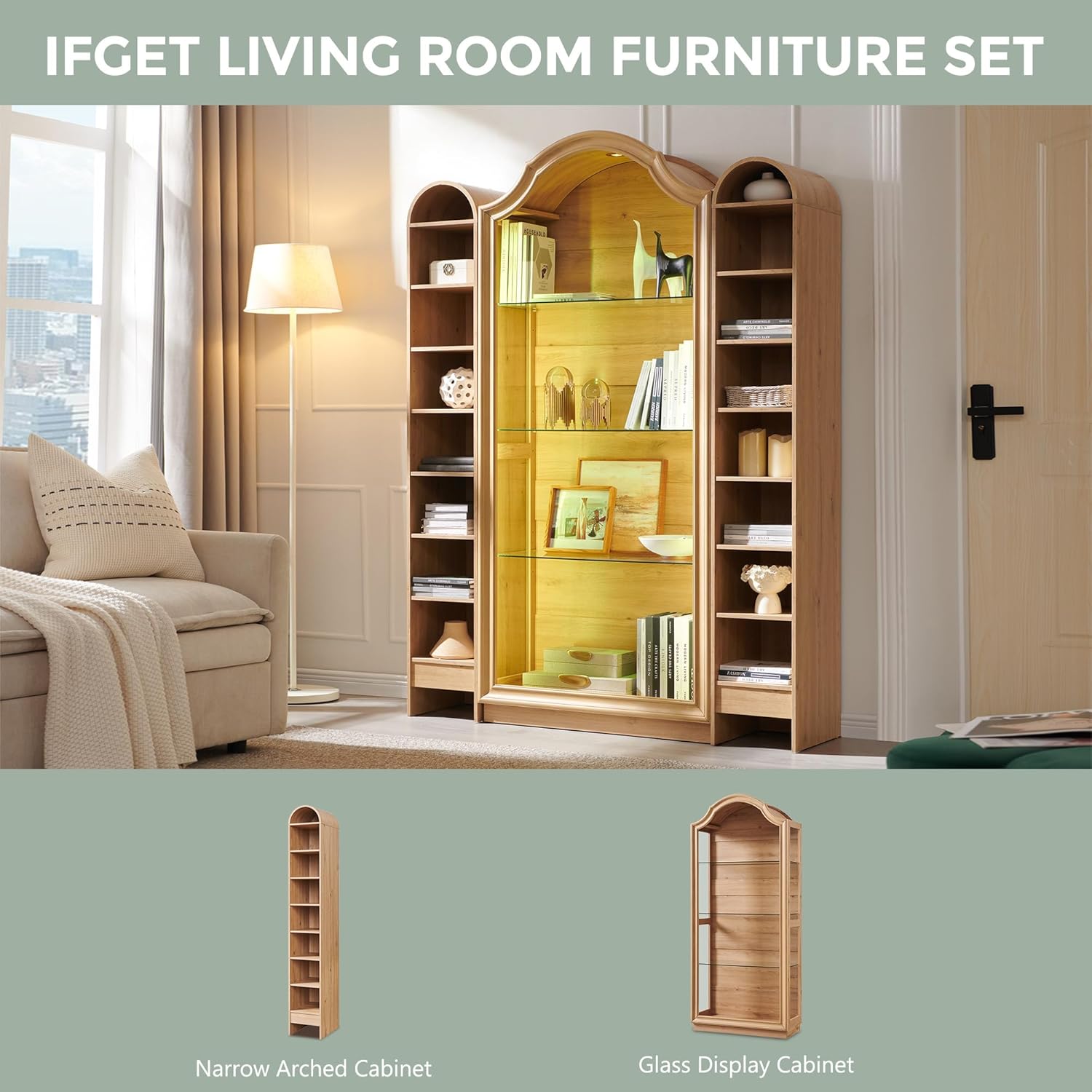 IFGET 72" Arched Glass Display Cabinet, Modern Curio Cabinet with 20 Color Lights, 4-Tier Display Case Shelf with Brightness/Speed Adjustable for Living Room, Dining Room, Study Room-Natural