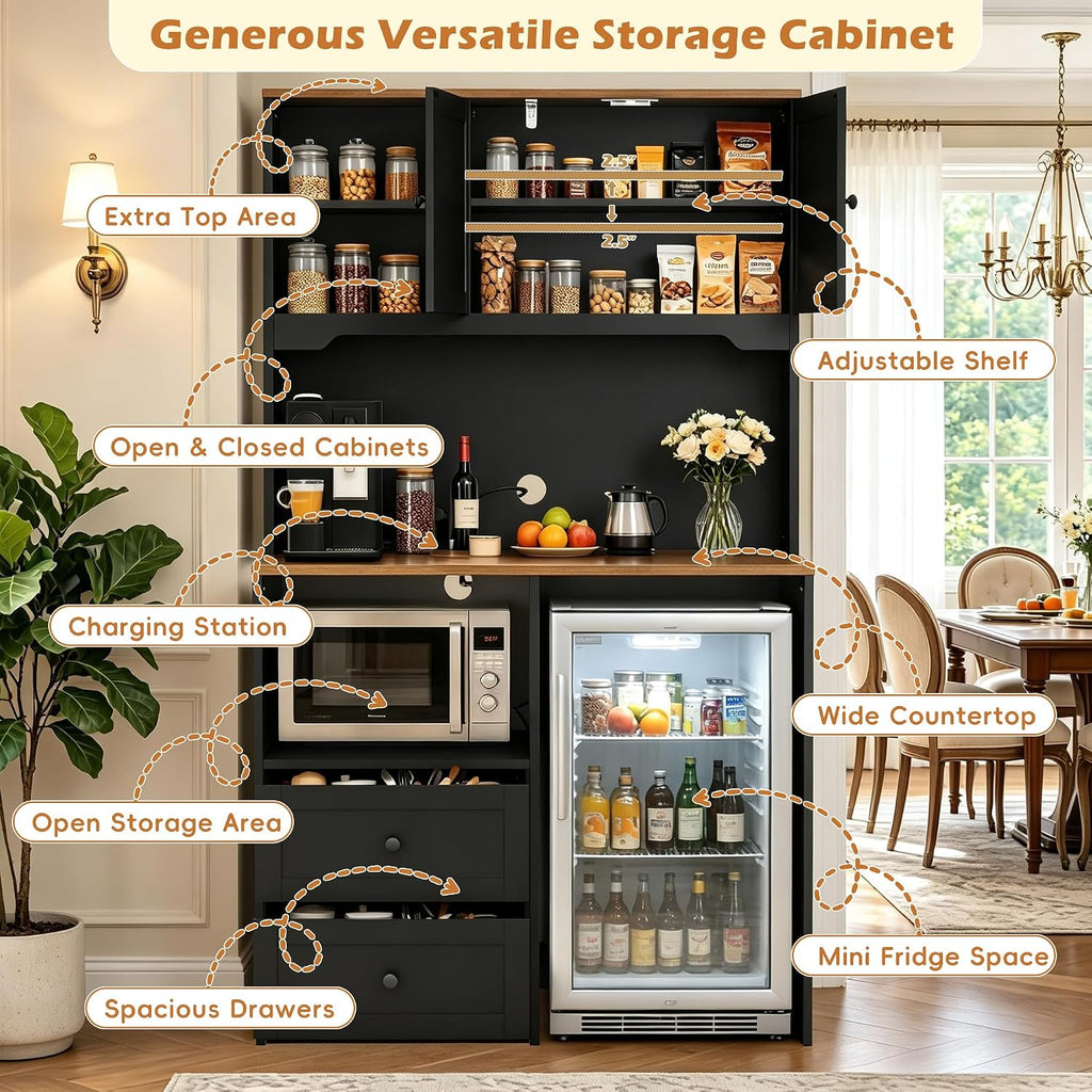72" Kitchen Pantry Storage Cabinet with Fridge Space, Mini Fridge Cabinet with Charging Station, Large Pantry Cabinet with Drawers, Doors & Shelves, Kitchen Hutch with Microwave Stand, Black