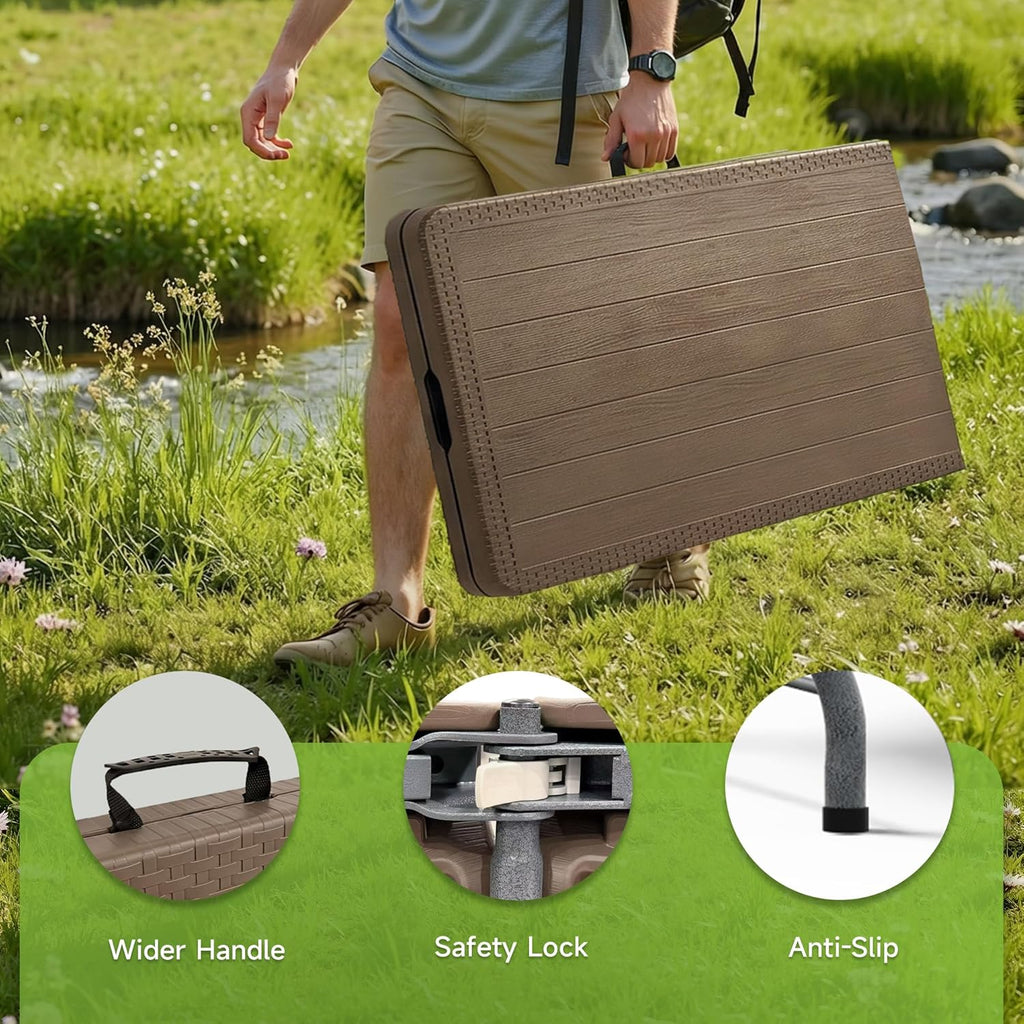 Folding Table 6 Foot, Heavy Duty 600 LBS Capacity, HDPE Wood Grain Pattern, Sturdy Design with Safety Lock, Portable Tables Folding for Camping, Party, Indoor & Outdoor Use, 1 Pack