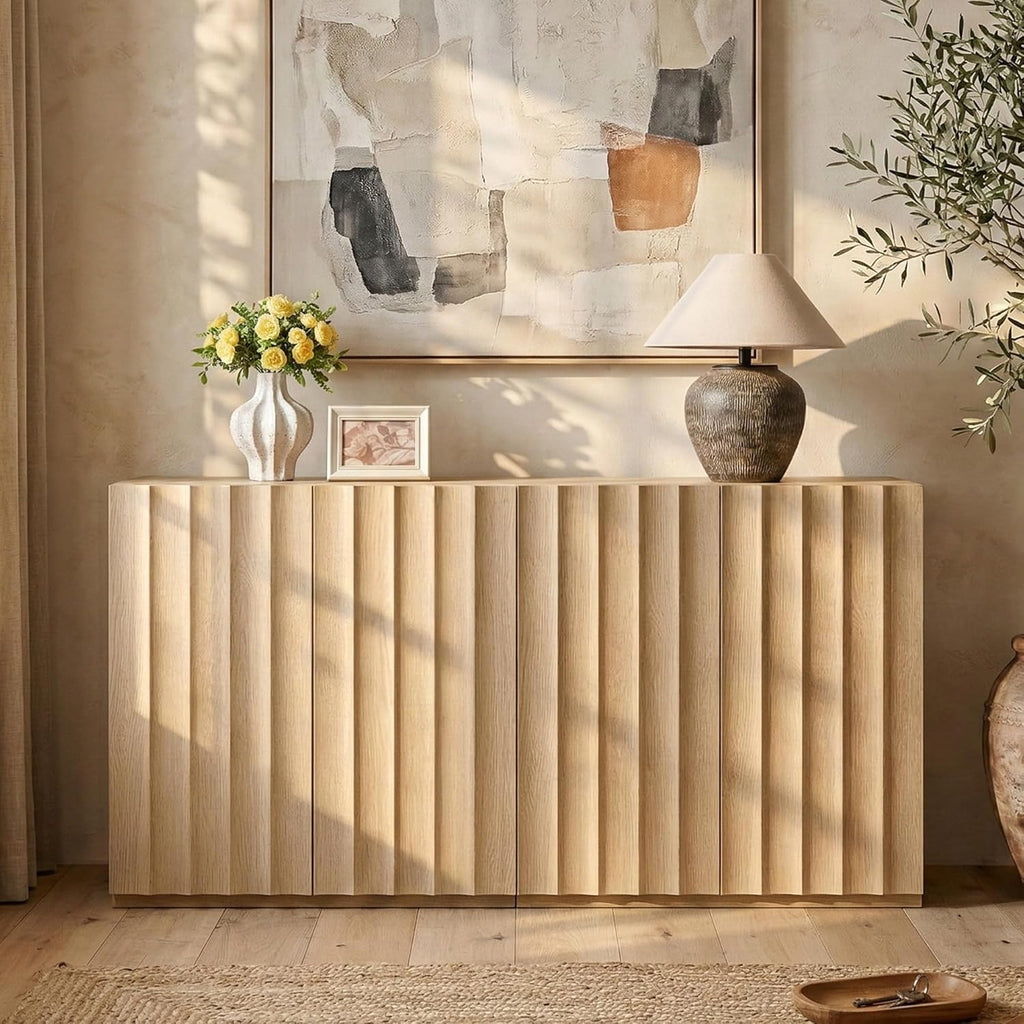 VividVibe Wide Fluted Sideboard Buffet Cabinet with Storage, 94.11" Long Credenza with 6 Integrated Finger Pulls Doors, Modular Large Buffet Table Modern Organic for Entryway Living Room Light Oak